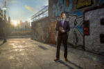 Editorial portrait of lawyer standing in alleyway with graffiti in downtown Los Angeles at sunset