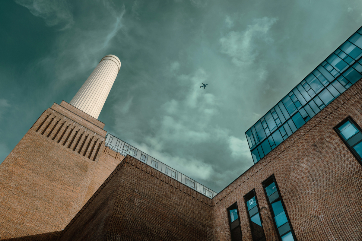 London_Fine_Art_print_battersea_power_station_cinematic_moody_sky_with_plane
